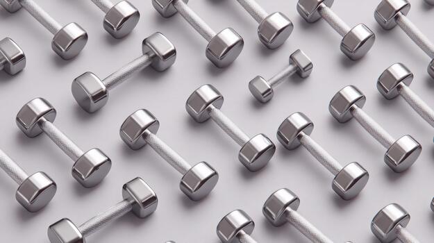 Collection of silver dumbbells arranged in pattern showcases essence of exercise and wellness. These weights symbolize strength and fitness, perfect for any workout routine photo