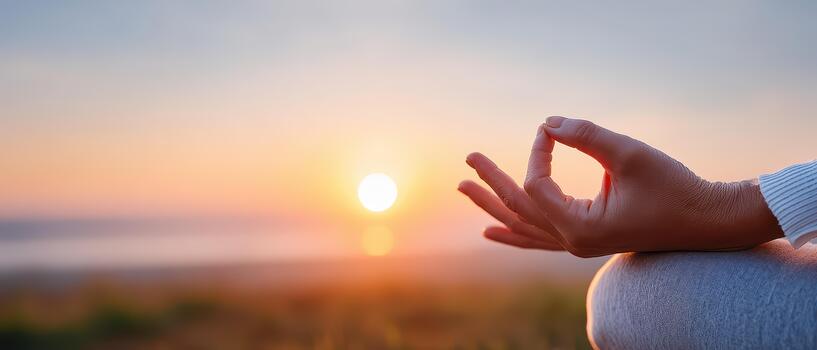 Meditation practice enhances exercise and wellness, promoting inner peace and relaxation while connecting with nature during beautiful sunset photo