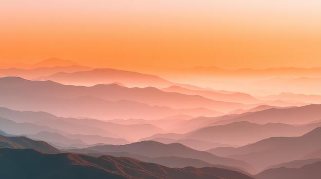 Serene autumn landscape showcases layers of mountains bathed in soft hues of orange and pink, creating tranquil atmosphere that invites reflection and peace photo