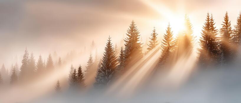 Majestic autumn landscape featuring tall evergreen trees illuminated by soft sunlight. serene atmosphere creates peaceful scene with gentle rays piercing through mist photo