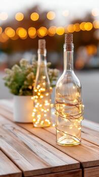 Bottles with fairy lights create warm celebration atmosphere, enhancing beauty of outdoor setting with soft glowing lights and touch of nature photo