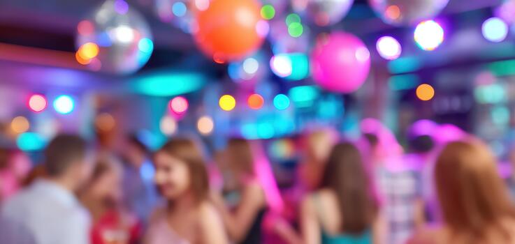Vibrant celebration scene filled with colorful lights and lively people dancing creates energetic atmosphere. blurred background enhances festive mood, making it perfect for capturing joyful photo