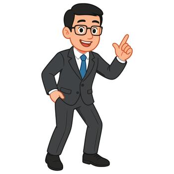 Cartoon businessman character in suit and glasses smiling and pointing up, presenting a great idea or solution. isolated. vector
