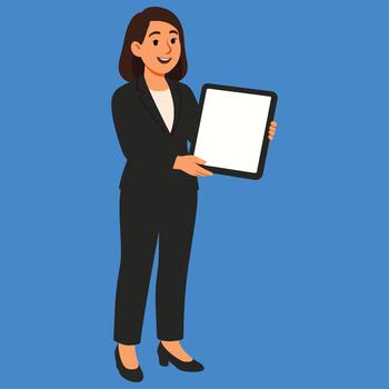 Smiling professional business woman in a suit presenting a blank digital tablet screen for content display. vector