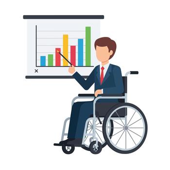 Man in Wheelchair Presenting Financial Growth Chart with Bar Graph vector