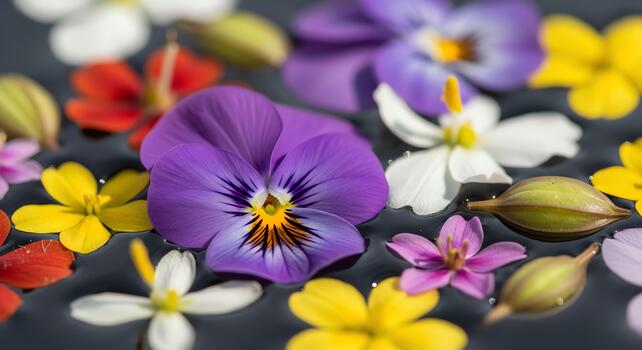 A close-up, top-down view of various colorful flowers floating on a dark surface, creating a visually stunning arrangement photo