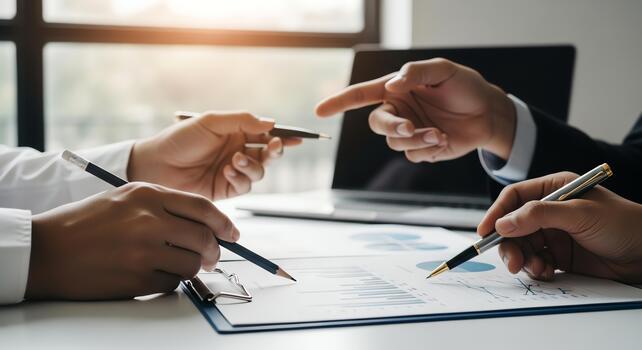 Business professionals collaborating and analyzing data on charts and graphs during a meeting photo