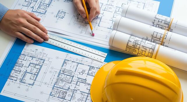 Architectural blueprints and construction tools on a drafting table, symbolizing project planning and development photo