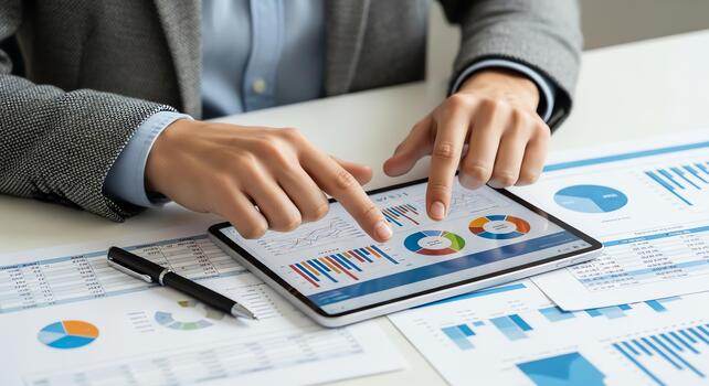 Analyzing financial charts and graphs on a tablet, symbolizing business growth and data analysis photo