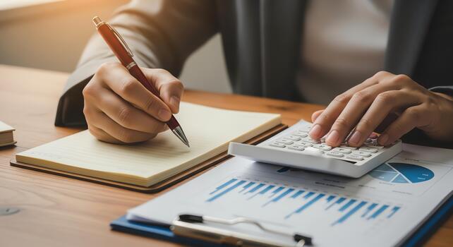 Close-up of a person calculating financial data on a desk with charts and a notebook photo