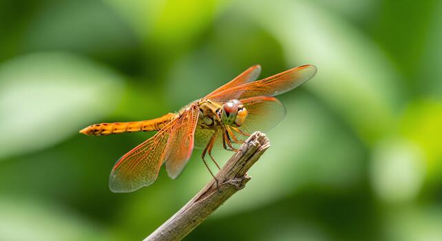 Close-up macro photography of a vibrant orange dragonfly perched on a thin twig with a soft green bokeh background photo