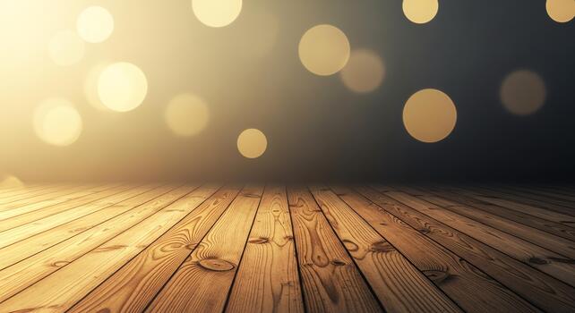 A liminal wooden floor with bokeh lights, creating a warm and inviting atmosphere for product display or creative projects photo