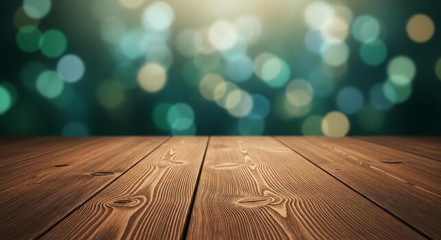 liminal espacio un rústico de madera mesa con bokeh luces en el fondo, evocando un sentido de calma y transición foto