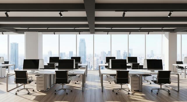 Modern Office Space with Rows of Computers and Cityscape View photo