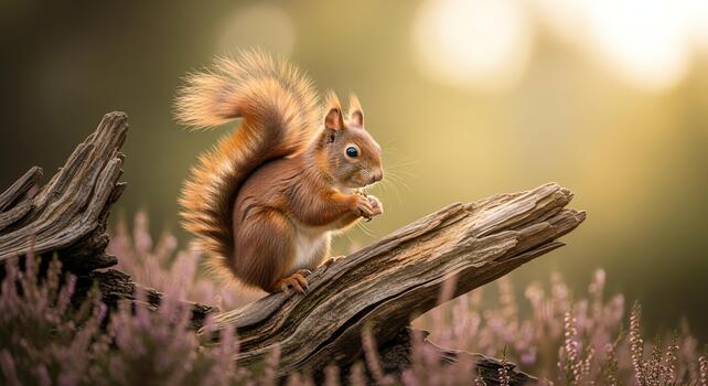 Adorable Red Squirrel Nibbling a Nut on a Perched Wooden Branch with Soft Bokeh Background photo
