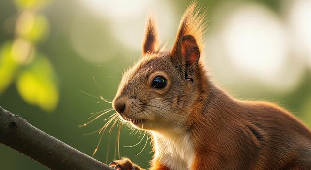 Close up shot of a cute red squirrel on a tree branch with soft bokeh background photo