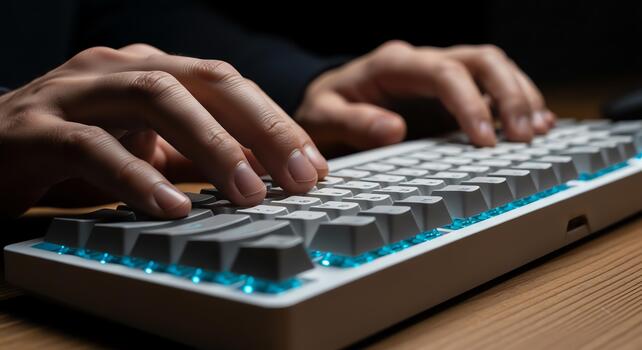 mecanografía en un computadora teclado con brillante azul luces, cerca arriba en manos y llaves foto