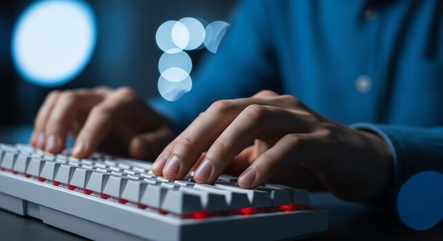 Hands typing on a computer keyboard in a dimly lit room with soft bokeh lights photo