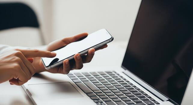 Using mobile device while working on laptop computer photo