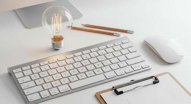 Illuminated lightbulb concept on a modern desk with a keyboard and computer mouse photo
