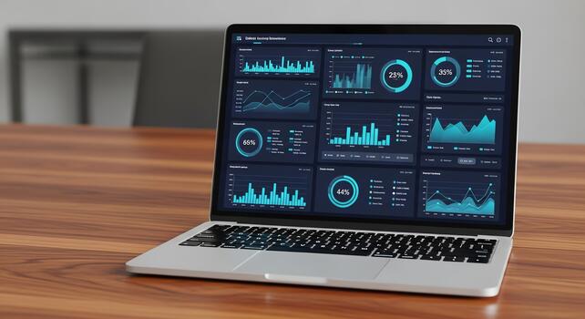 Data visualization dashboard on laptop screen displaying business analytics and growth trends photo