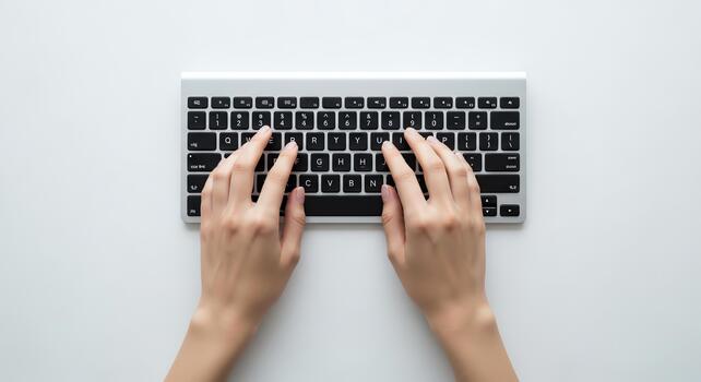 Typing on a silver computer keyboard, close-up of hands on keys, top-down view photo