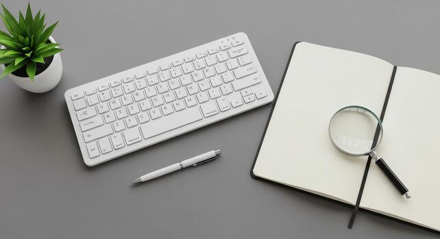 Desk setup with computer keyboard, open notebook and magnifying glass for study or work photo