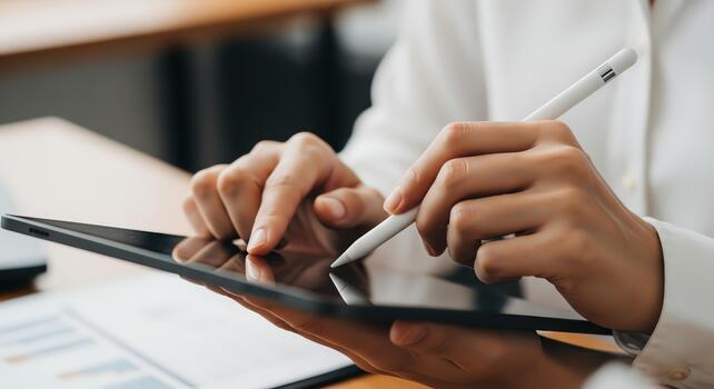 Using a stylus to interact with a tablet device for business purposes photo