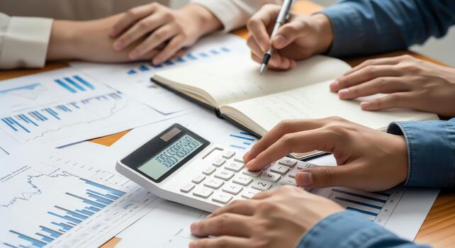 Hands calculating on calculator and writing in notebook with financial charts and graphs photo