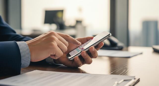 Person using a mobile device to access financial data on a desk with documents photo