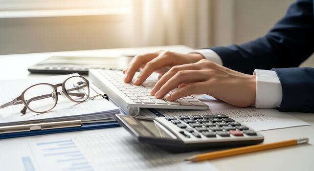 Hands typing on a computer keyboard with calculator and glasses on desk photo