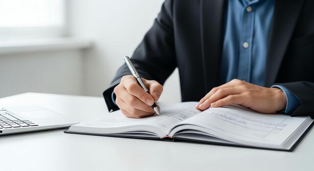 Writing in a business diary, close-up of hands at a desk with laptop and notebook photo