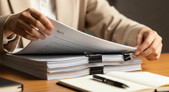 Hands turning pages of a document stack with binders and notebook on wooden desk photo