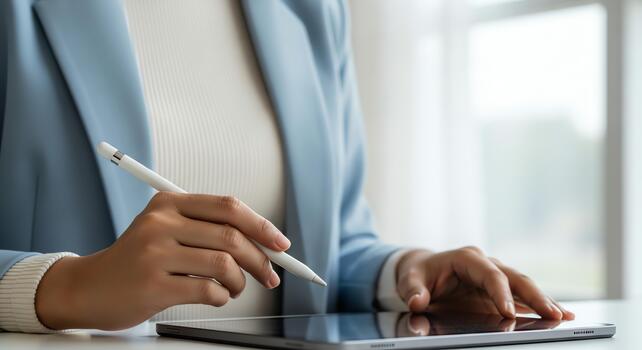Close-up of a person using a stylus on a tablet, symbolizing digital engagement and modern workflow photo