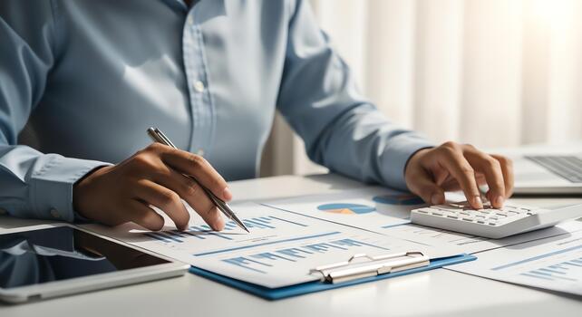 Analyzing financial reports and data on a desk with a calculator and laptop photo