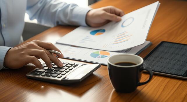 Analyzing business charts and graphs with a calculator and coffee on a desk photo