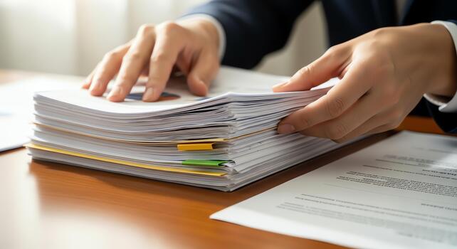 Organizing business documents and paperwork with a stack of files on a desk photo