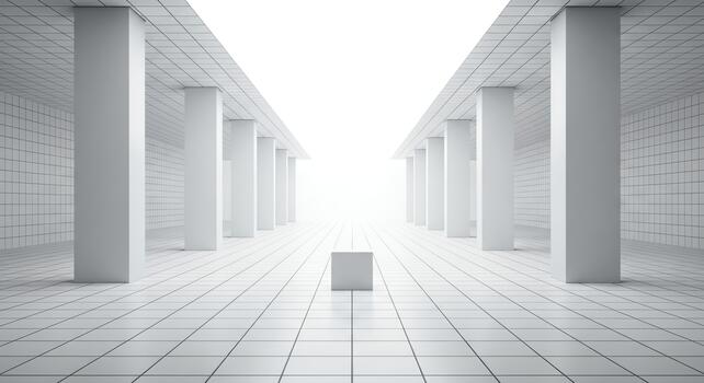 A liminal space of white tiled columns and a single cube in the center photo