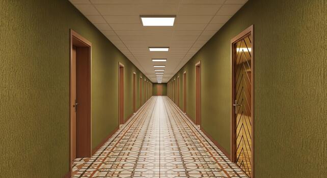 A long, empty hotel corridor with patterned flooring and soft lighting, creating a liminal atmosphere photo