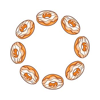 guirnalda con Formación de hielo vainilla rosquilla arreglado en un decorativo anillo en un blanco antecedentes en dibujos animados estilo. vector