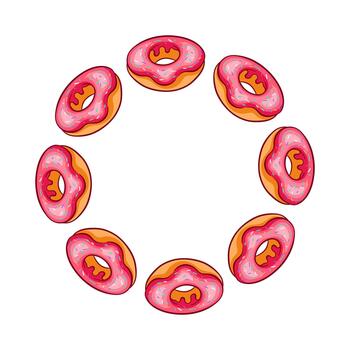 Wreath with pink glaze donut and sprinkles in cartoon style. Simple design for bakery card isolated on white background. vector