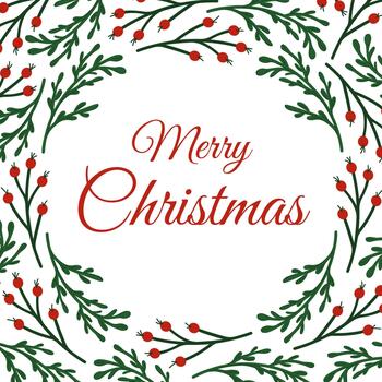 Christmas card with green branch and red berry. Festive circular border with greeting text on a white background in flat style. vector