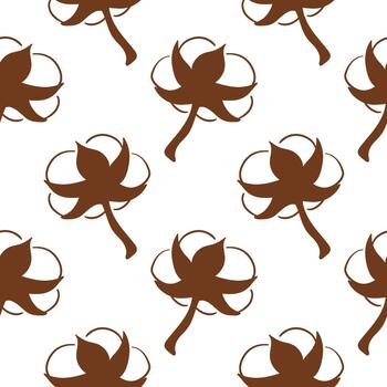 Seamless pattern of cotton boll with stems on a white background in line art style for textile print. vector