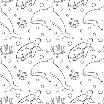 Seamless pattern of line art style dolphin, turtle, coral and bubble on a white background for ocean and marine themed design. vector