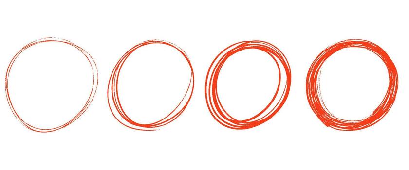 Hand drawn red crayon circles and ovals. Grunge Scribble circle with various thickness. Round freehand shapes, emphasis highlights. outlines for emphasize text, attention in design vector