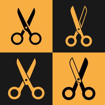 Four stylized open scissors icons in a checkerboard pattern of orange and black backgrounds vector