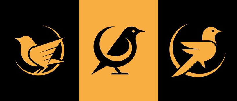 Three abstract birds in silhouette with flowing lines on a black and orange background vector