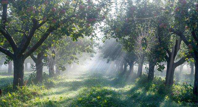 Sunlight streaming through an apple orchard with dew-covered spiderwebs on branches photo