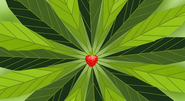 Abstract radial pattern of lush green leaves with a single, vibrant red strawberry at its center, creating a striking visual harmony photo