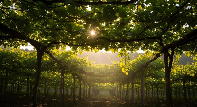 Sunlight filtering through the canopy of a lush vineyard at dawn, illuminating the green foliage and creating a serene atmosphere photo